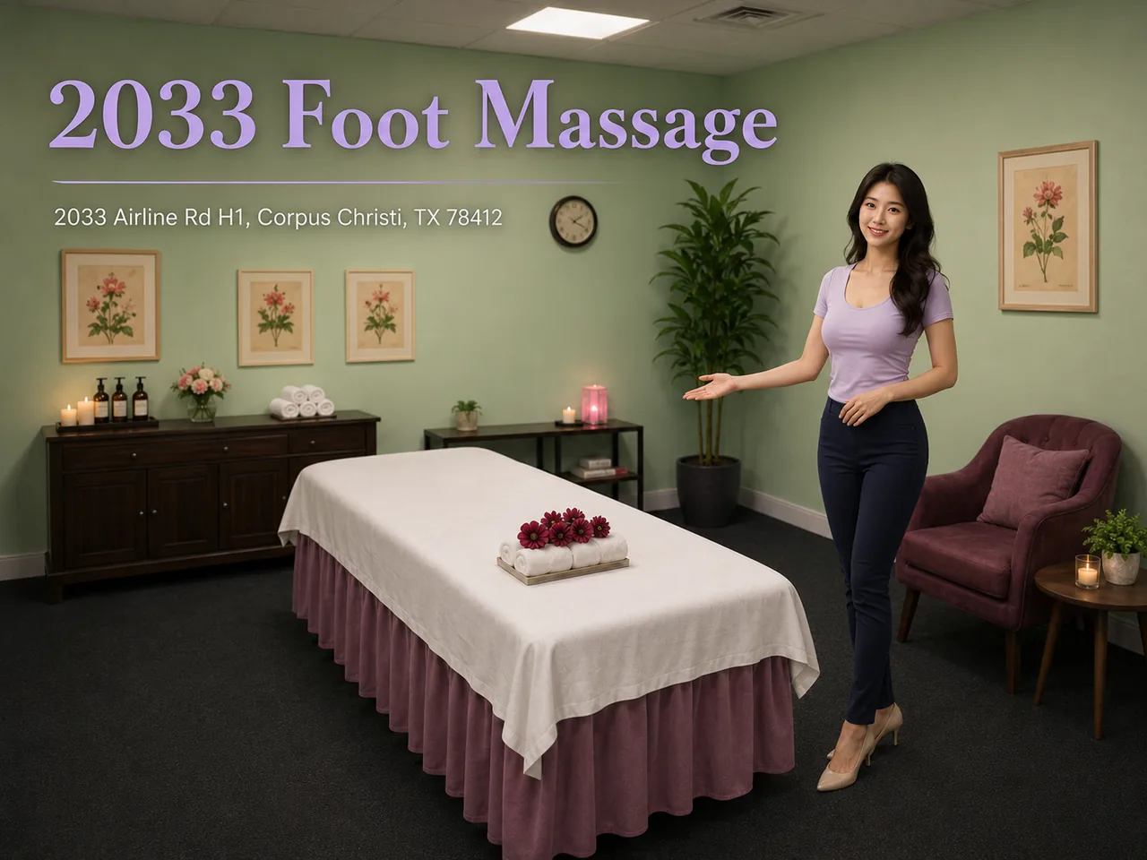 Friendly massage therapist beside a clean massage table at 2033 Foot Massage in Corpus Christi TX