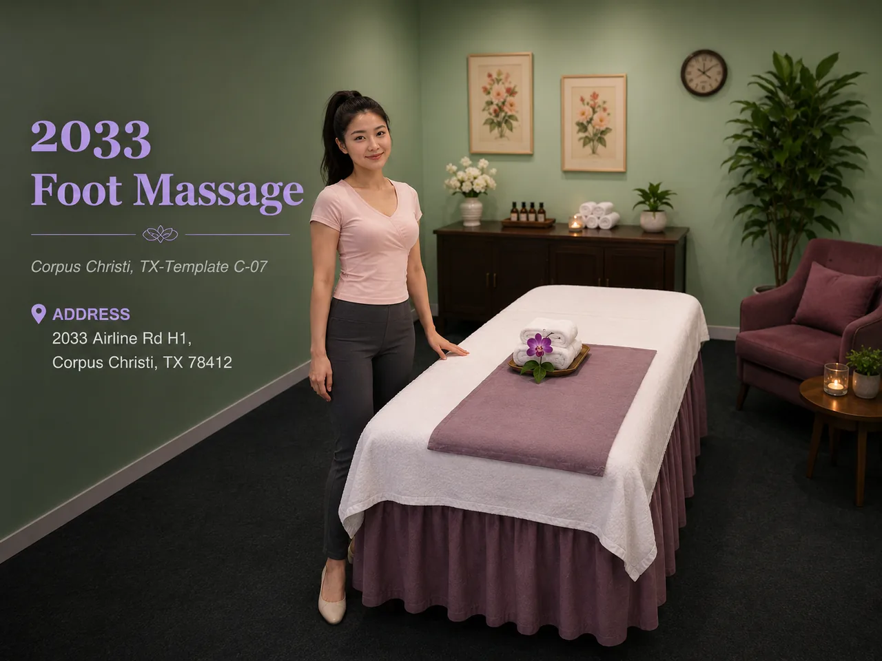 Friendly therapist welcoming a guest into a clean room at 2033 Foot Massage in Corpus Christi TX
