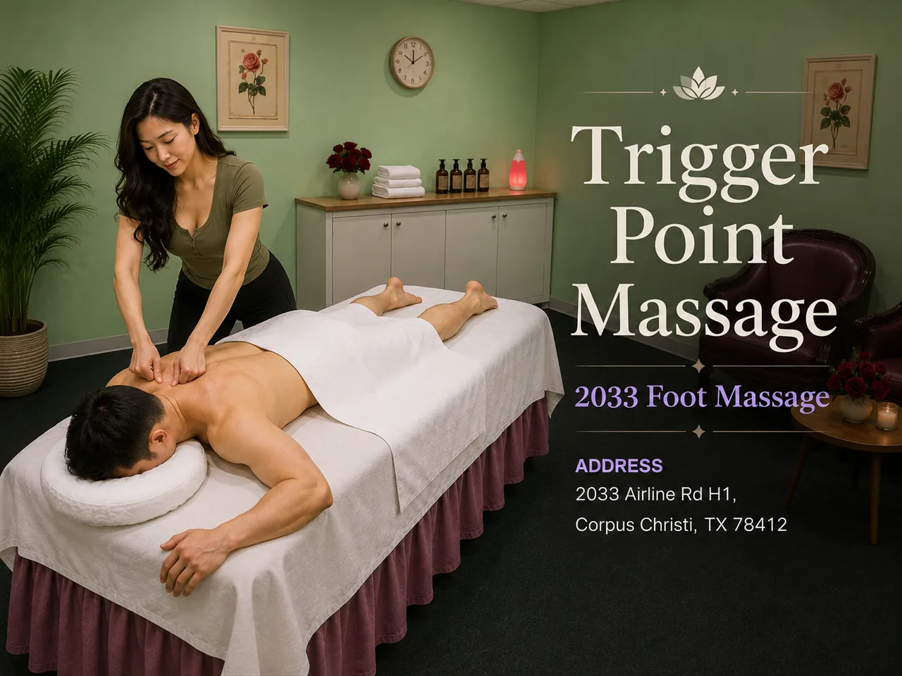 Trigger point massage applying focused pressure to the upper back at 2033 Foot Massage in Corpus Christi TX